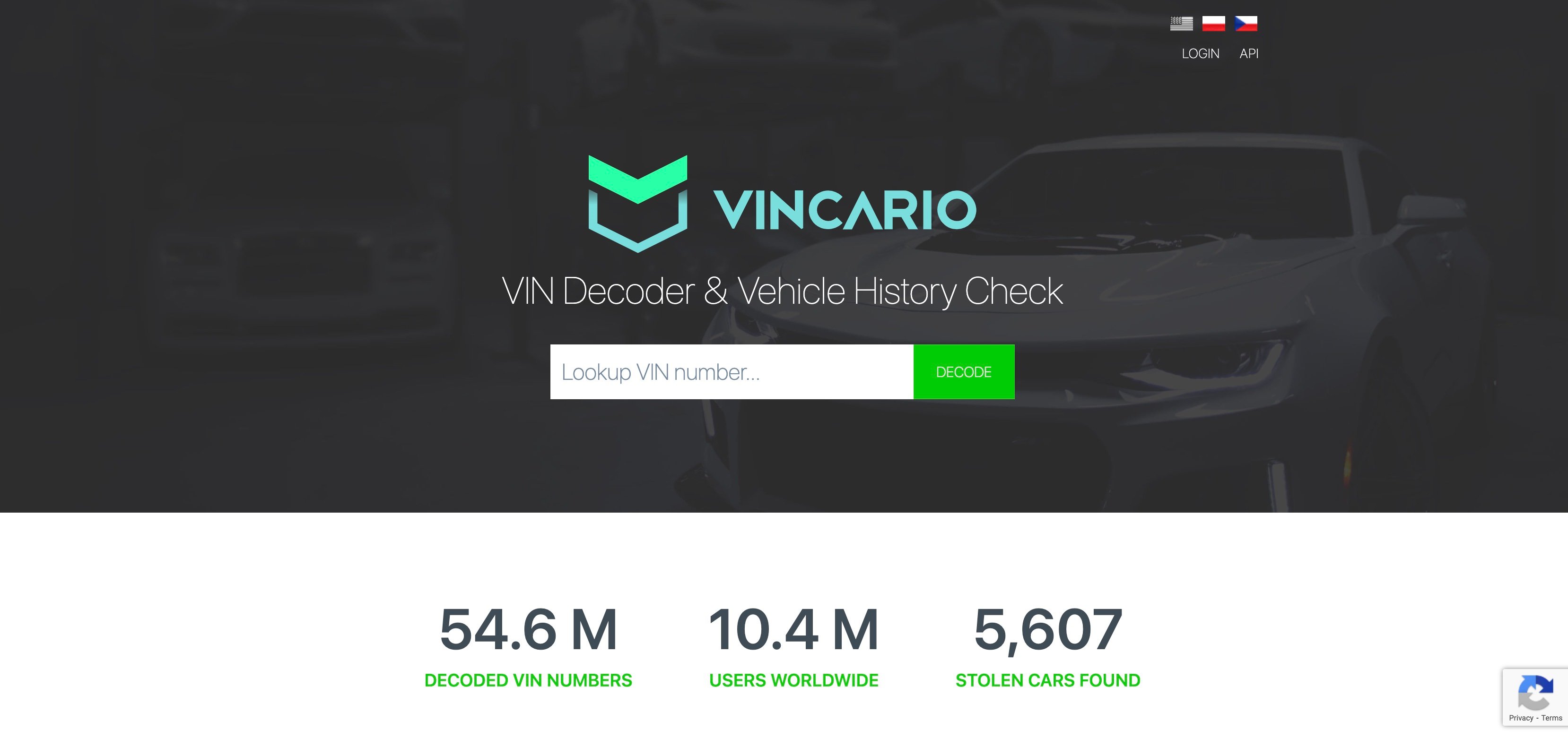 homepage overview of car history website Vindecoder